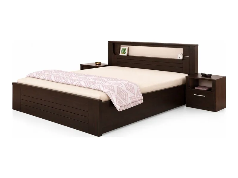 Bed with shelf headboard and side tables, dark walnut finish (HAB-BD-002)