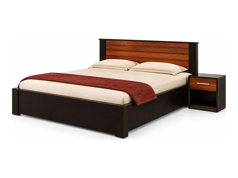 Bed with two-tone headboard and side table, walnut and teak finish (HAB-BD-004)