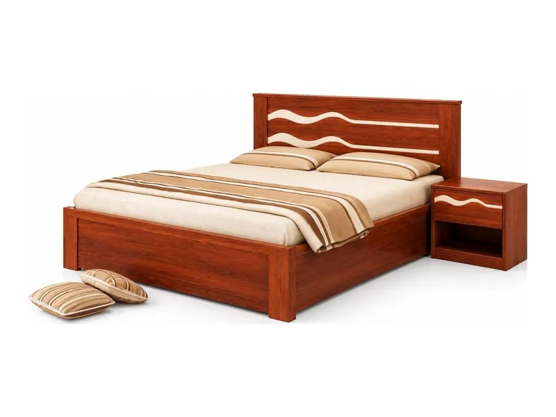 Bed with wave-pattern headboard and side table, mahogany finish (HAB-BD-005)