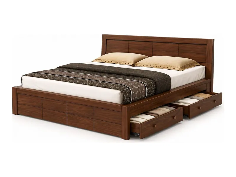 King bed with storage drawers, walnut finish (HAB-BD-007)