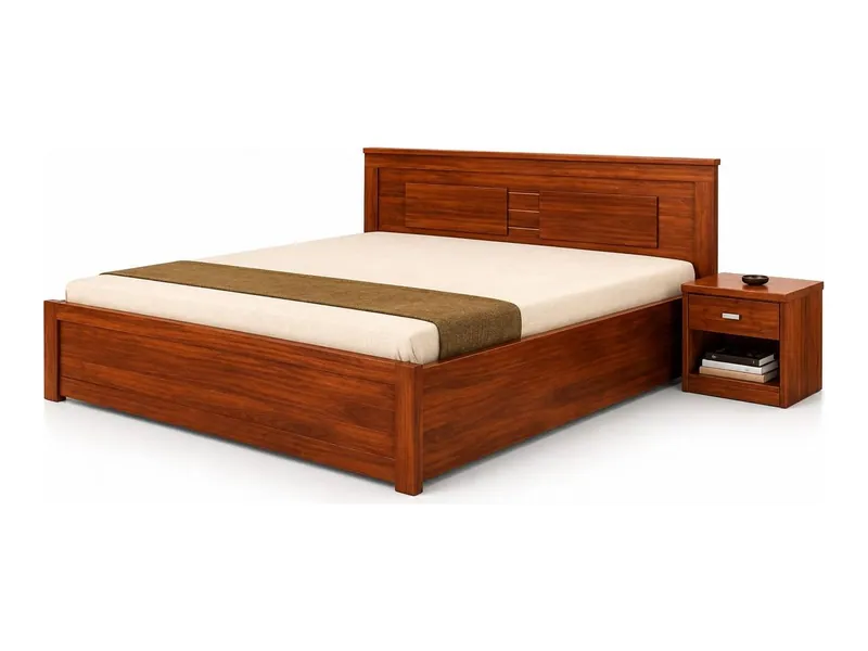 Bed with panel headboard and side table, teak finish (HAB-BD-008)