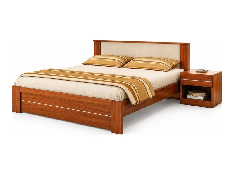Bed with cushioned headboard and side table, teak finish (HAB-BD-010)
