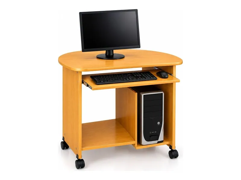 Compact computer table on wheels with rounded top, teak finish (HAB-CT-002)
