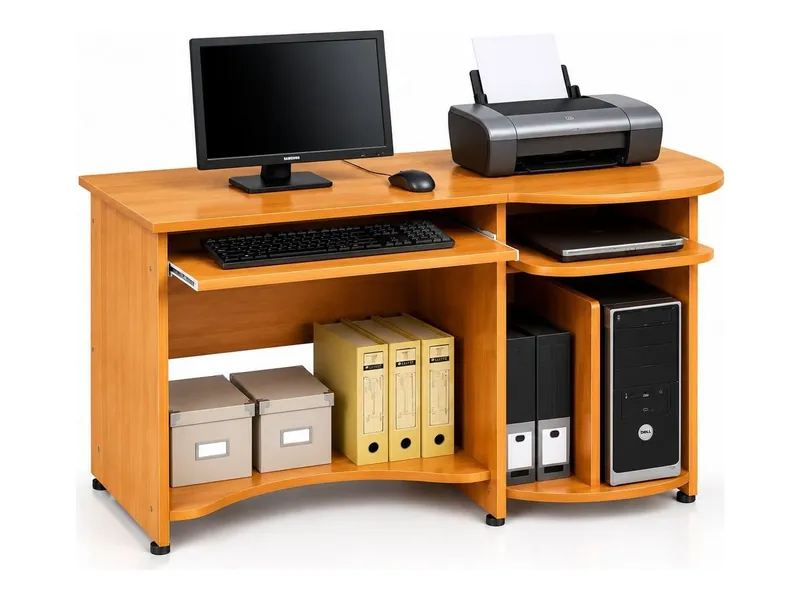 Computer table with printer stand and file shelves, teak finish (HAB-CT-003)