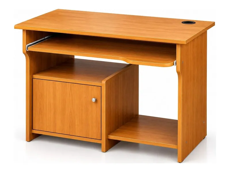 Computer table with keyboard tray and cupboard, teak finish (HAB-CT-007)