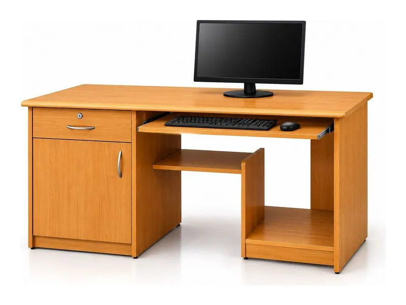 Computer table with cupboard and CPU shelf, teak finish (HAB-CT-008)
