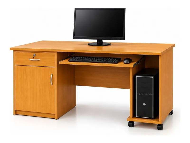 Computer table on wheels with cupboard, teak finish (HAB-CT-009)