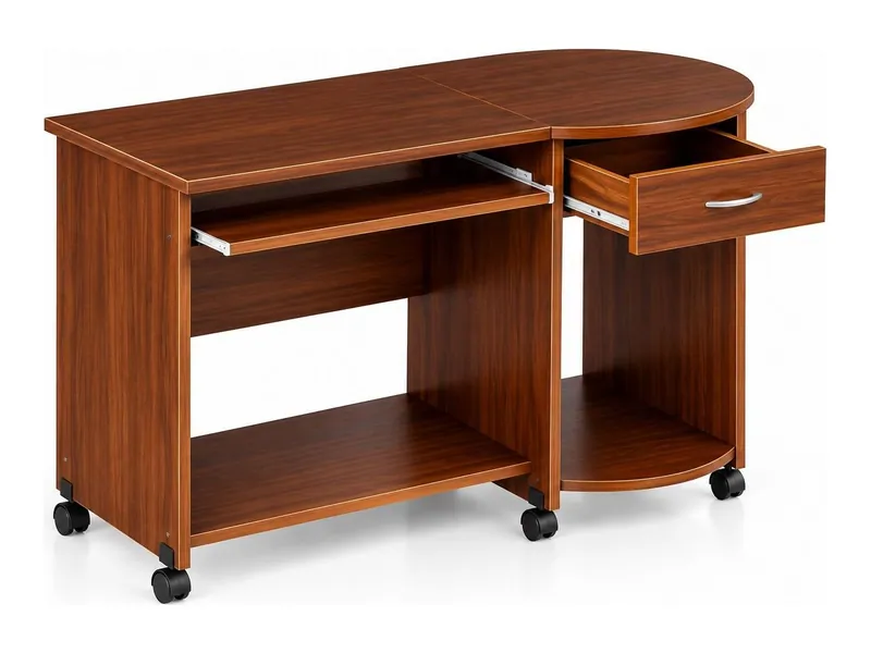 Computer table on wheels with rounded top and drawer, walnut finish (HAB-CT-011)