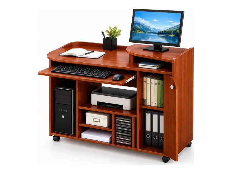 Computer workstation on wheels with printer and file shelves, mahogany finish (HAB-CT-012)