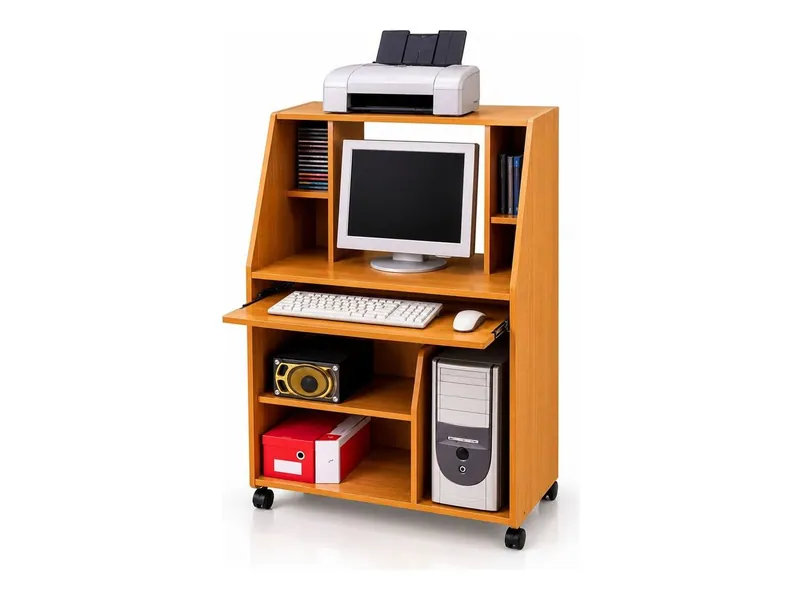 Tall computer cabinet on wheels with printer shelf, teak finish (HAB-CT-013)