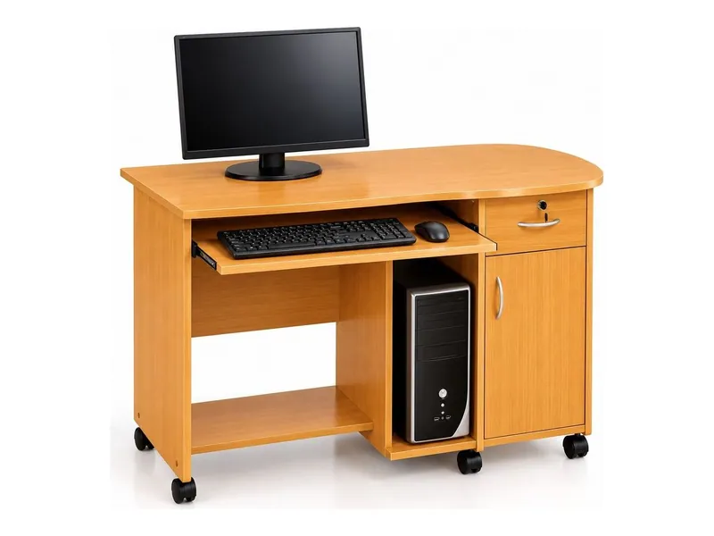 Computer table on wheels with curved top and cupboard, teak finish (HAB-CT-015)