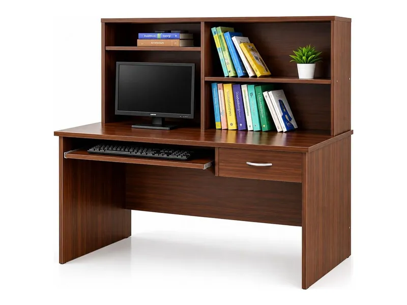 Computer and study table with bookshelf hutch, walnut finish (HAB-CT-018)