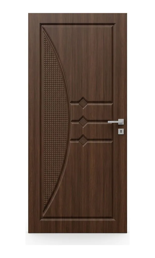 Walnut finish door design: curved mesh panel with arrow lines (HAB-WD-004)