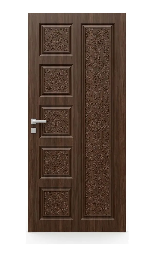 Walnut finish door design: five carved squares with carved side panel (HAB-WD-008)