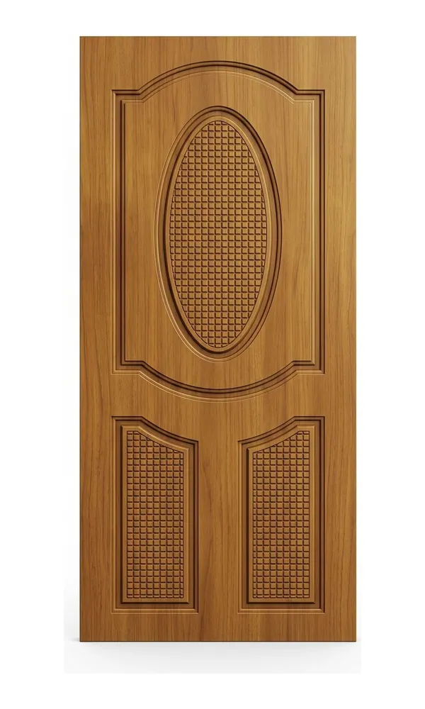 Teak or oak finish door design: oval mesh panel with two lower panels (HAB-WD-015)