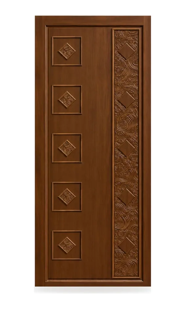 Walnut finish door design: five squares with carved side strip (HAB-WD-022)