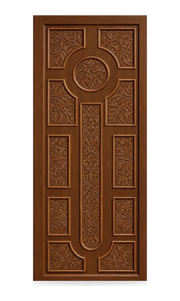 Walnut finish door design: carved panels with centre medallion (HAB-WD-023)