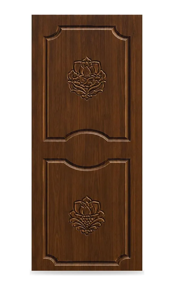 Walnut finish door design: two panels with lotus motifs (HAB-WD-036)