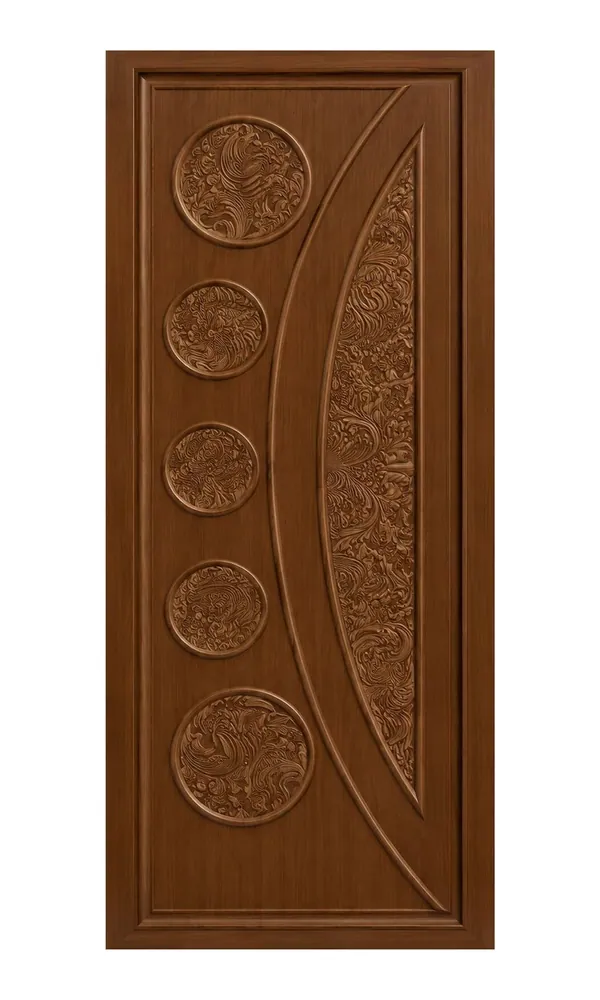 Walnut finish door design: carved circles and crescent (HAB-WD-050)