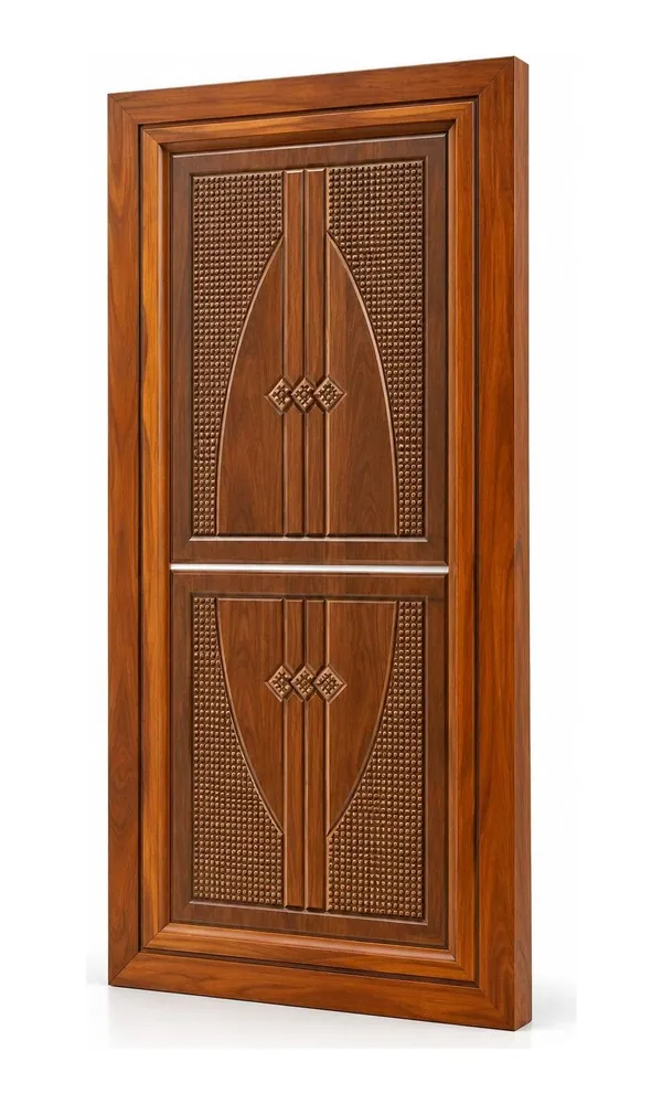 Teak or oak finish door design: mesh panels with diamonds, with frame (HAB-WD-076)