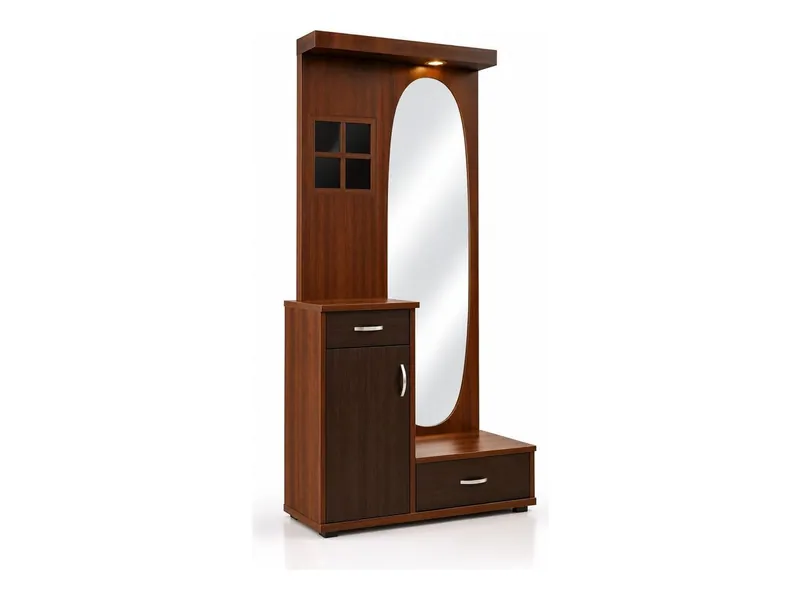 Dressing unit with oval mirror and cupboard, walnut finish (HAB-DT-002)