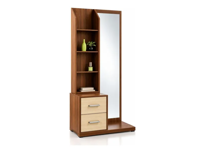 Dressing table with mirror and shelf column, walnut and ivory finish (HAB-DT-003)