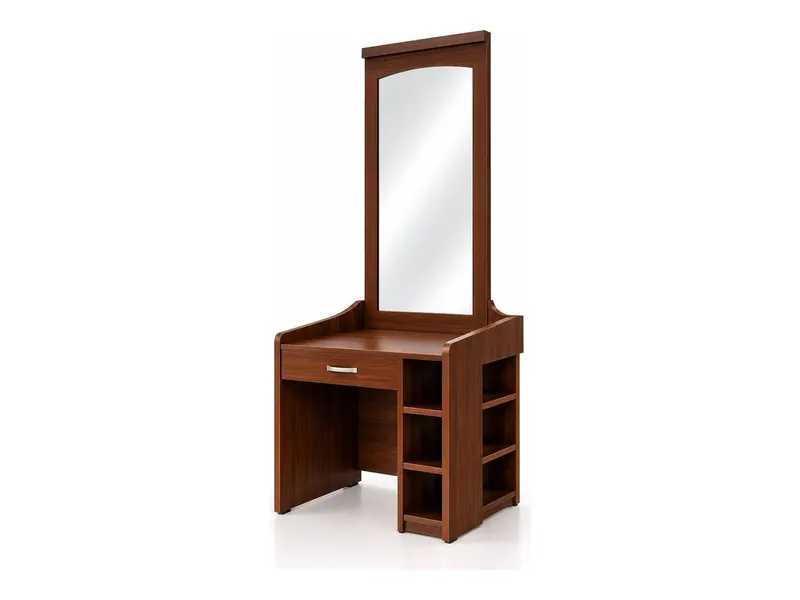 Dressing table with mirror and side shelves, walnut finish (HAB-DT-005)
