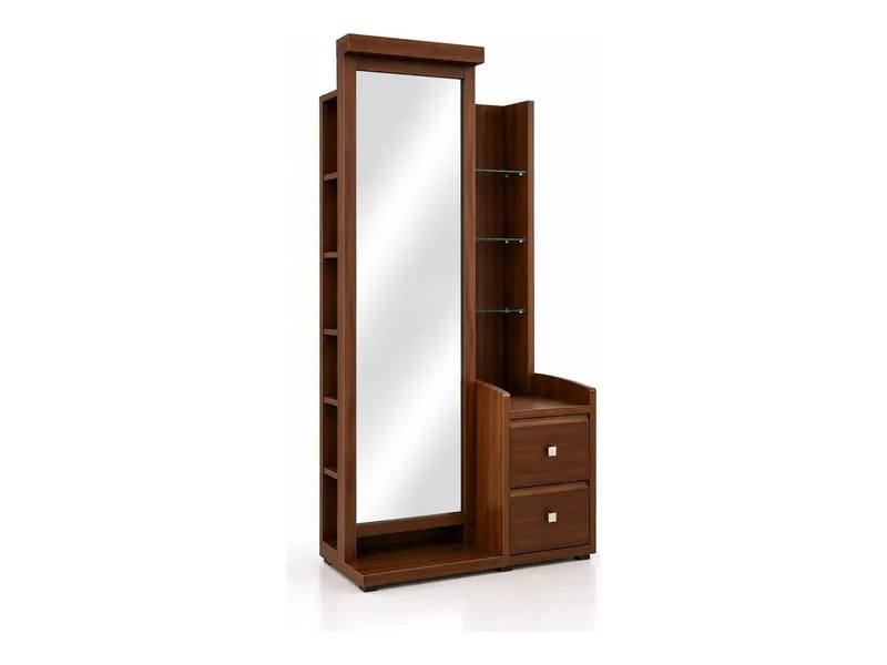 Dressing unit with full mirror, glass shelves and drawers, walnut finish (HAB-DT-006)