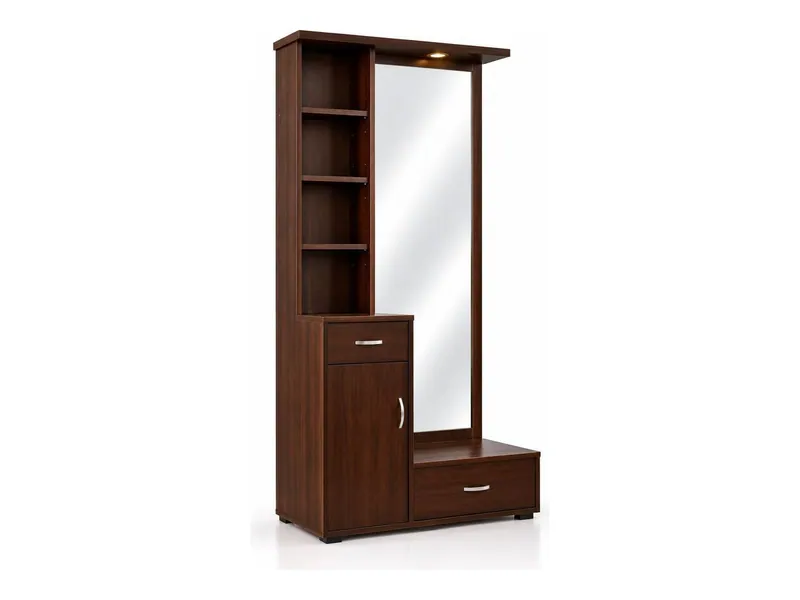 Dressing unit with shelf column, cupboard and light, walnut finish (HAB-DT-007)