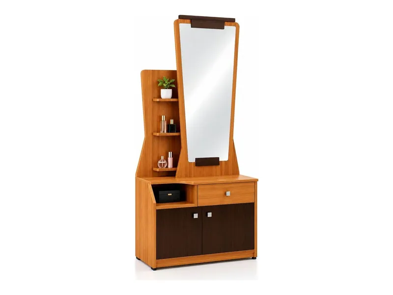 Dressing table with mirror, side shelves and cupboard, teak and walnut finish (HAB-DT-008)