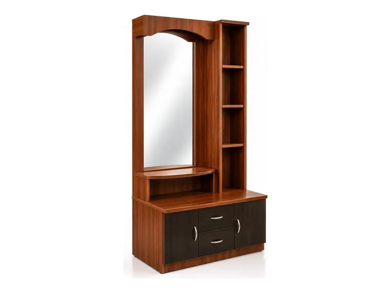 Dressing unit with arched mirror and shelf column, walnut finish (HAB-DT-010)