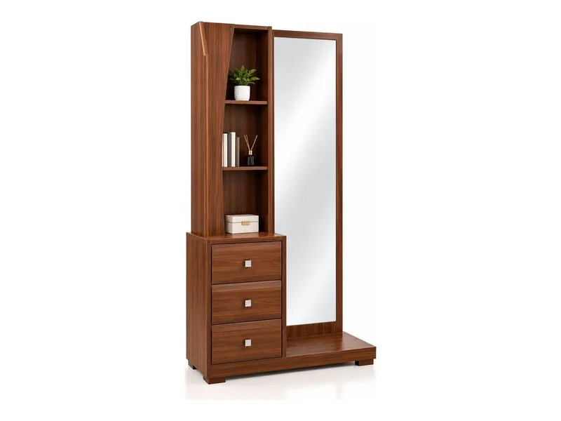 Dressing unit with full mirror, shelves and three drawers, walnut finish (HAB-DT-011)
