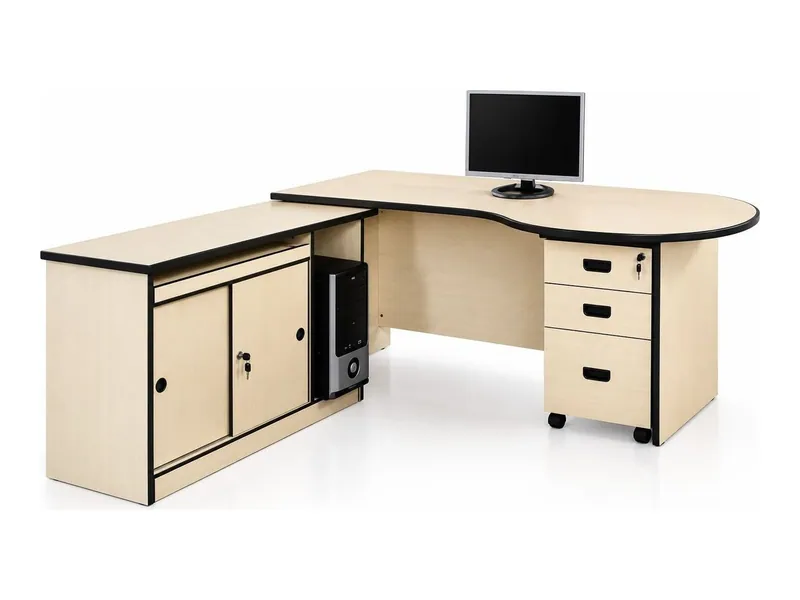 L-shaped office desk with side cabinet and mobile drawers, ivory finish (HAB-OD-006)