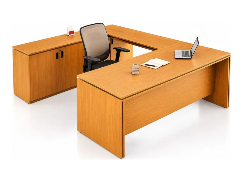 L-shaped executive desk with side cabinet, teak finish (HAB-OD-007)