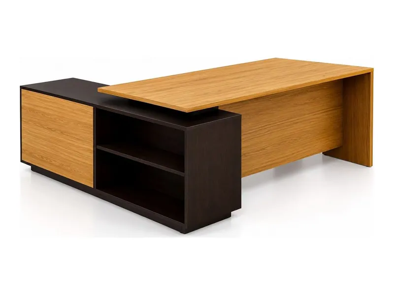 L-shaped executive desk with open side unit, oak and walnut finish (HAB-OD-008)