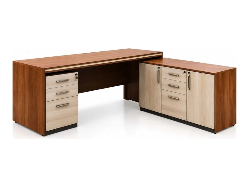 L-shaped office desk with drawer units, walnut and ivory finish (HAB-OD-009)