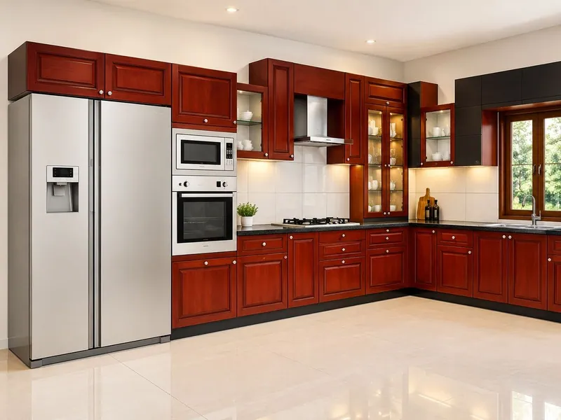 L-shaped modular kitchen with panelled shutters, mahogany finish (HAB-MK-002)