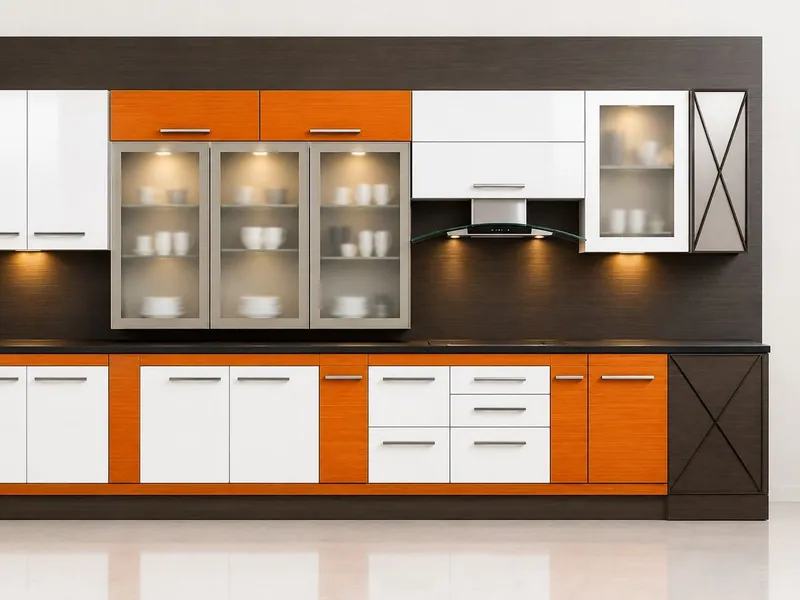 Straight modular kitchen with glass wall cabinets, white and orange finish (HAB-MK-003)