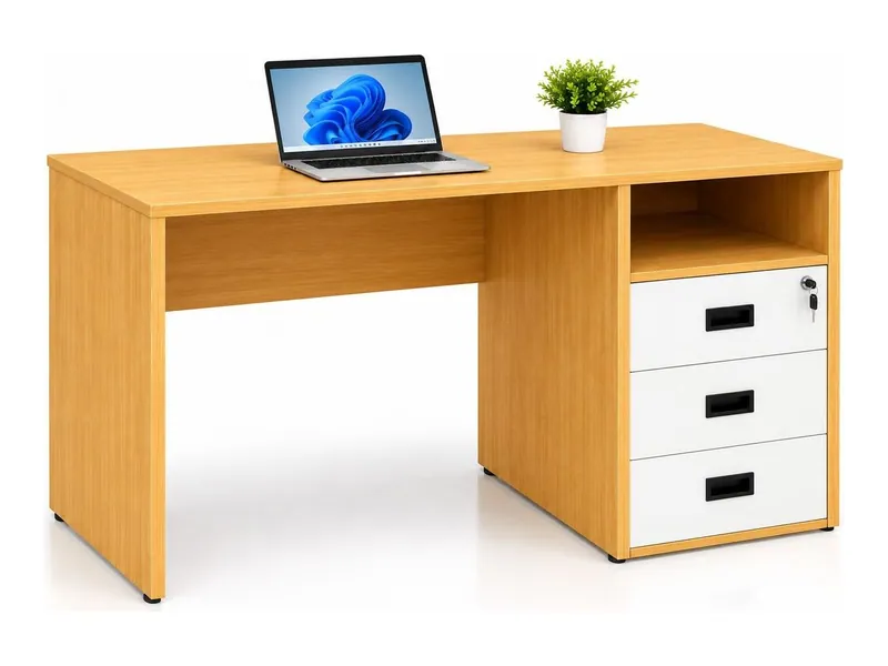 Office table with lockable drawer unit, teak and white finish (HAB-OD-003)