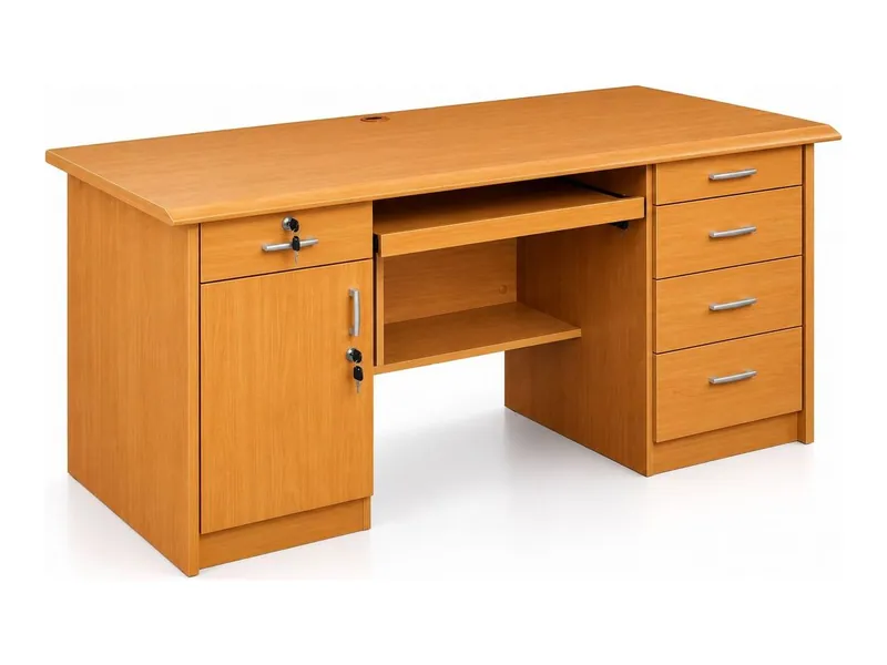 Office table with drawers on both sides and keyboard tray, teak finish (HAB-OD-005)