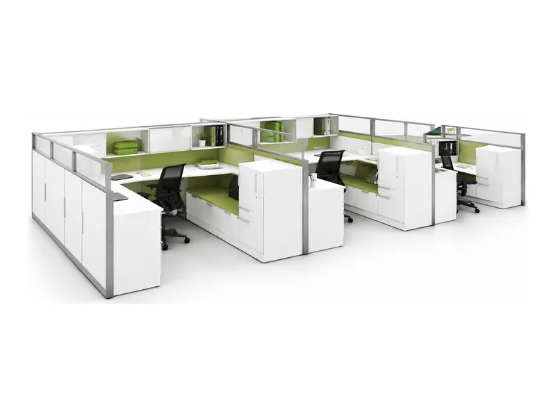 Open-plan office workstations with partitions and storage, white and green finish (HAB-WS-001)