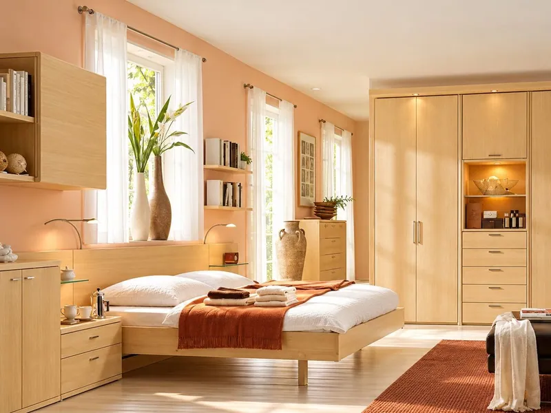Bedroom interior with wardrobes, bed and wall units, light oak finish (HAB-IN-001)