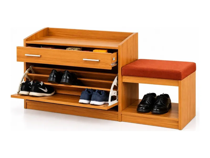 Shoe cabinet with tilt-out shelf and seat, teak finish (HAB-SR-002)
