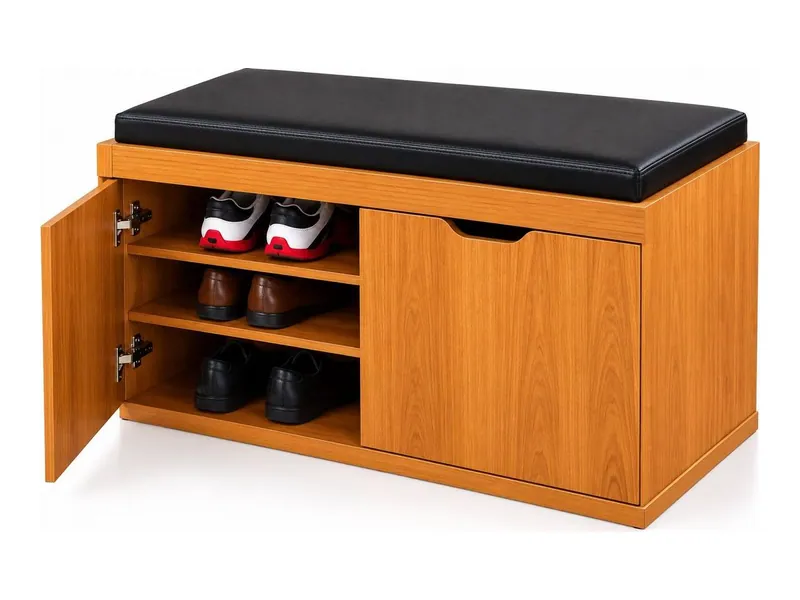 Shoe cabinet with cushioned seat, teak finish (HAB-SR-003)