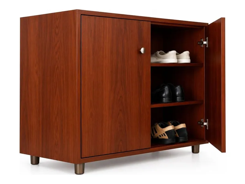 Shoe cabinet with door and shelves, mahogany finish (HAB-SR-005)