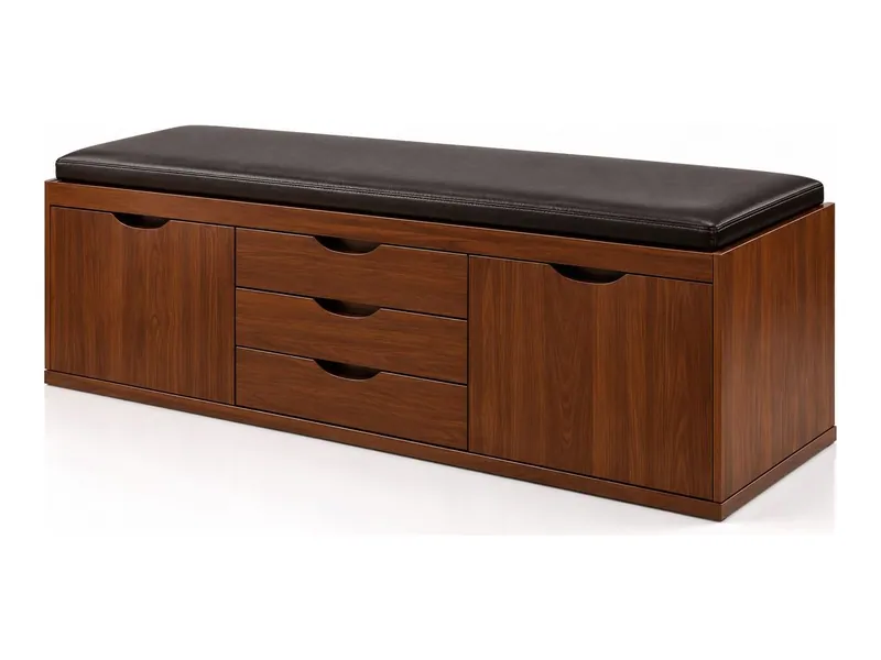 Shoe bench with cushioned seat and drawers, walnut finish (HAB-SR-006)