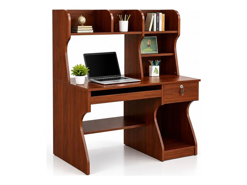 Study table with curved sides and shelf hutch, walnut finish (HAB-CT-019)