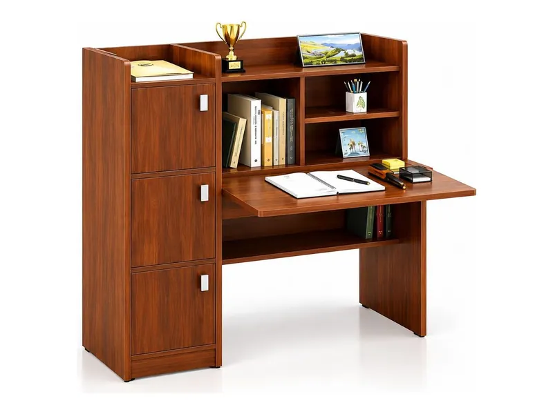 Study unit with fold-down desk and lockers, walnut finish (HAB-CT-020)