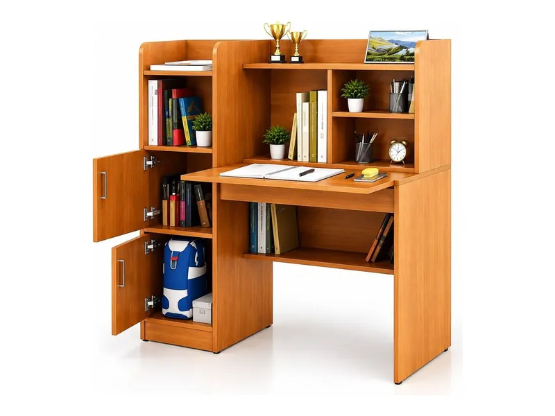 Study unit with bookshelves, cupboards and desk, teak finish (HAB-CT-021)