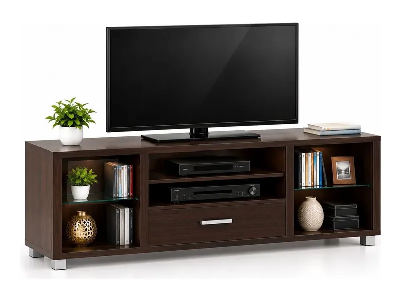 TV unit with open shelves and drawer, walnut finish (HAB-TV-002)